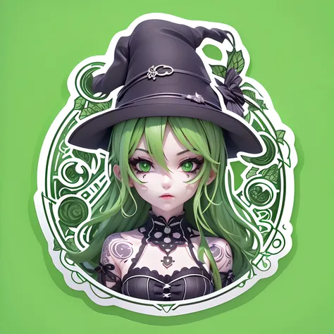 ((Sticker,))(3D anime gothic girl)，Tattooed with，Wear a corset, witch，((in circle)), ((White background)), ((green border))，Simple, Ultra detailed, Detailed drawing, vectorised, 8K, professional sticker design, Flat design, Vector lines, Sticker, Drawing, ...