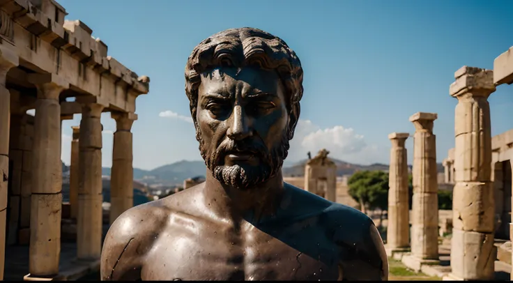 Ancient Stoic Statue With Very Angry Expression, tem barba, muitos detalhes em ambos os olhos, Outside, fundo atenas grego, open sky, com rosto extremamente detalhado full body view, Colors with low saturation with dark tone, Filmado em Sony A7S III com So...