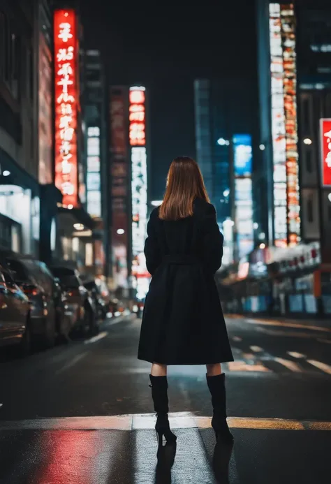 full bodyesbian、japanes、femele、Rear view、Longhaire、Dressed in a black coat、Wearing a miniskirt、The background is an urban cityscape、Holding a white back、With bangs、big-eyed、Round Faced Woman