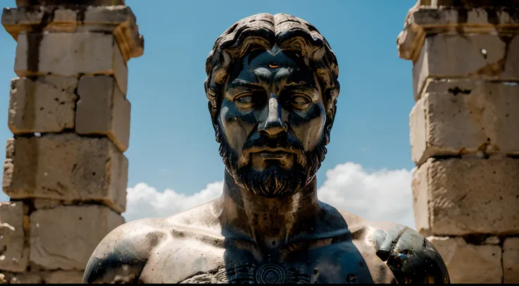 Ancient Stoic Statue With Very Angry Expression, tem barba, muitos detalhes em ambos os olhos, Outside, fundo atenas grego, open sky, com rosto extremamente detalhado full body view, Colors with low saturation with dark tone, Filmado em Sony A7S III com So...