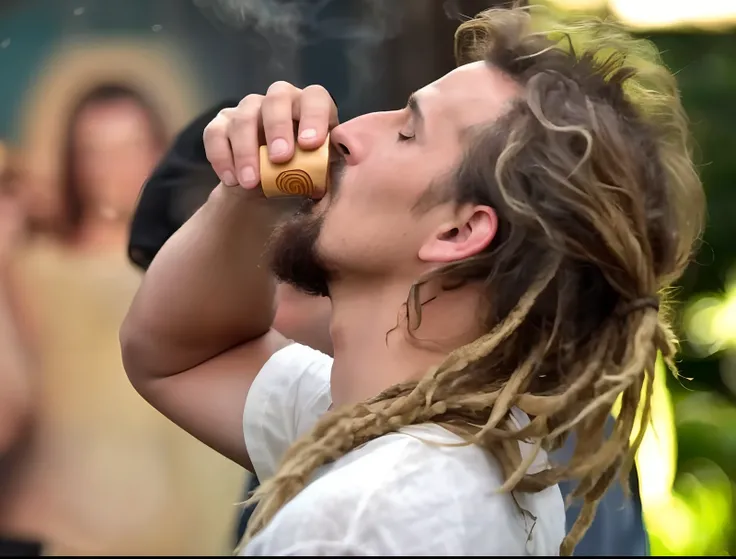 Theres a man with dreadlocks drinking a glass with Yahuasca, smoking a magical bong, fumar um cachimbo, Jesus Cristo Fumando um Blunt, homem bebendo cerveja, comer um cogumelo, candid shot, comer uma rosquinha, the straw is in his mouth, beber uma Ayahuasc...