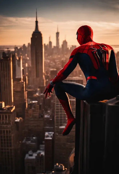 Spiderman standing ontop of the empire state building looking down on NYC as he holds on with one arm, cinematic, dramatic light, golden hour, haze, crystal clear image, highly detailed