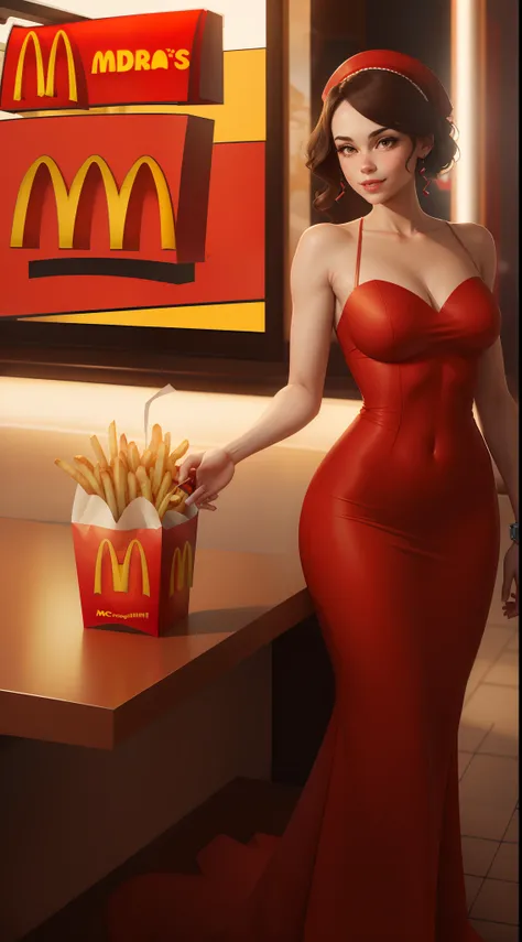 Realistic McDonalds as a pretty girly with a red dress and fries in her hand