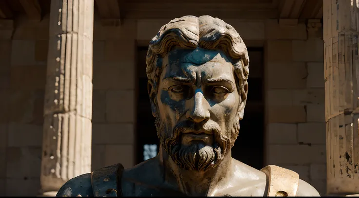 Ancient Stoic Statue With Very Angry Expression, tem barba, muitos detalhes em ambos os olhos, Outside, fundo atenas grego, open sky, com rosto extremamente detalhado full body view, Colors with low saturation with dark tone, Filmado em Sony A7S III com So...