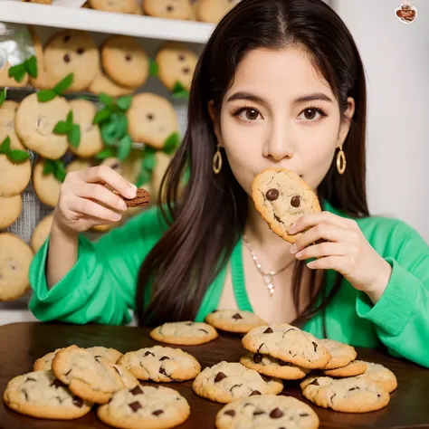 Mulher em boa forma e bem vestida comendo cookies de banana com aveia em uma tigela