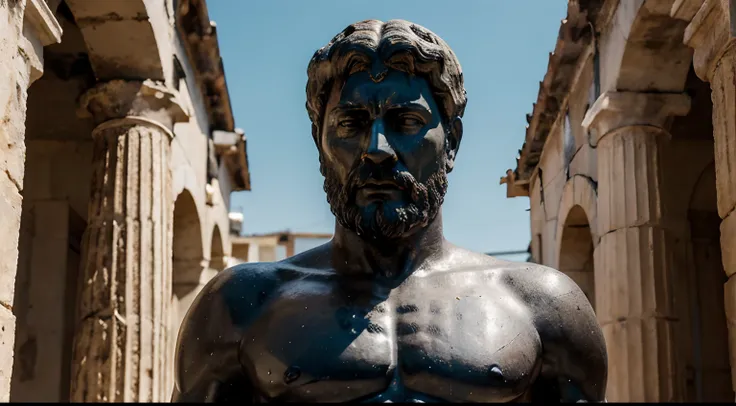 Ancient Stoic Statue With Very Angry Expression, tem barba, muitos detalhes em ambos os olhos, Outside, fundo atenas grego, open sky, com rosto extremamente detalhado full body view, Colors with low saturation with dark tone, Filmado em Sony A7S III com So...