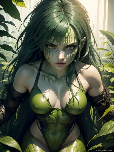 Swamp Monster woman, 25 years old, Swamp Monster style, a supernatural antihero character in comic books published by DC Comics, who was transformed into a monster composed of plant matter after an explosion in her laboratory doused him with chemicals, is ...