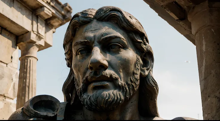 Ancient Stoic Statue With Very Angry Expression, tem barba, muitos detalhes em ambos os olhos, Outside, fundo atenas grego, open sky, com rosto extremamente detalhado full body view, Colors with low saturation with dark tone, Filmado em Sony A7S III com So...