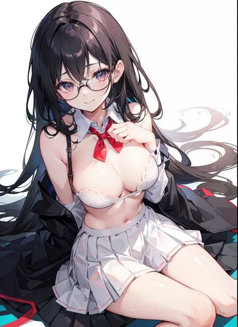 Cute girl，Cute, Unbuttoned, Slightly more explicit, Glasses,  Skirt, Bra flash, Put your hands on your hair,, Beautiful illustration with a smile、top-quality、highest  quality，Cute girls，Hair between the eyes、Random actions，Black color hair，No bra wearing，T...