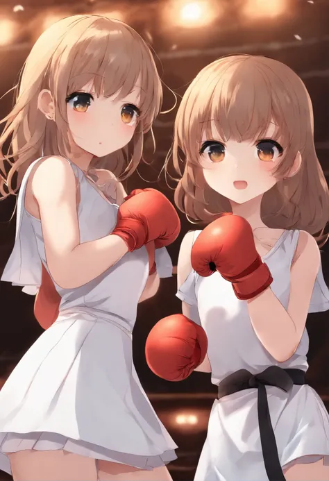 2cute girls, loli, flat chest, white dress, boxing, body blow, vomiting