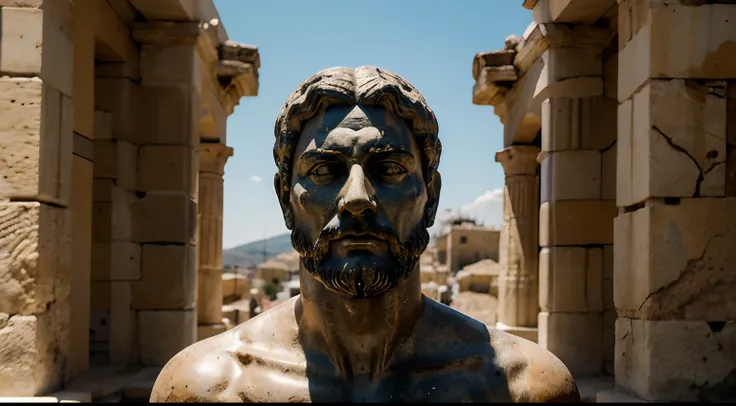 Ancient Stoic Statue With Very Angry Expression, tem barba, muitos detalhes em ambos os olhos, Outside, fundo atenas grego, open sky, com rosto extremamente detalhado full body view, Colors with low saturation with dark tone, Filmado em Sony A7S III com So...