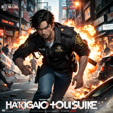 Movie Poster with a closeup of the battered hero looking directly while in background there is chaos, explosions, police siren lights, running people in a south east asian city