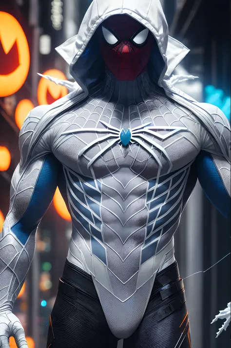 (extremely detailed 8k wallpaper), a medium shot photo of white cyberpunk Spiderman suit made of cyan ice from marvel, Halloween theme, Halloween decorations, intricate, high detail, dramatic