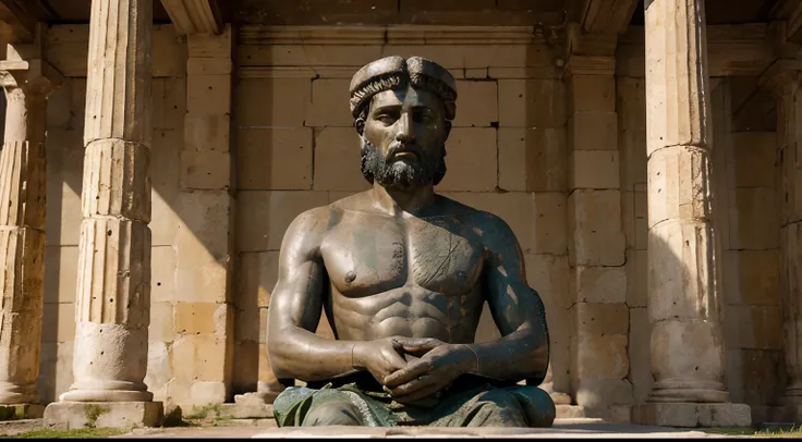 Ancient Stoic Statue With Very Angry Expression, tem barba, muitos detalhes em ambos os olhos, Outside, fundo atenas grego, open sky, com rosto extremamente detalhado full body view, Colors with low saturation with dark tone, Filmado em Sony A7S III com So...