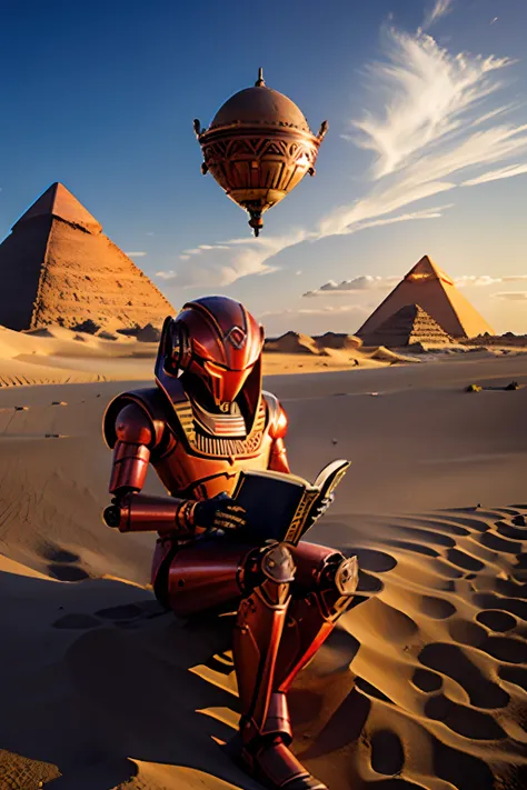 robot in aged red metal, metal marrom enferrujado, luzes brilhantes, the robot is reading a book at the foot of a dune and in th...