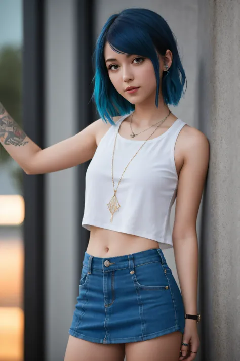 Chloe Price, life is strange, intricate, full body, blue hair, tattoos on arm, short hair, short skirt, white wet t-shirt, sunset, perfect slim and fit body, small waist, graceful pose, big smile, absurdres, high res, ultrasharp, 8K, masterpiece, looking a...