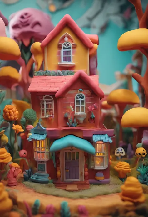 House in the Blood Gloria Studio, The garden is full of skulls , clay material, Cartoon Design Style, POP MARCH, Gloomy lighting, Smooth Lines, Tilt and shift lenses, Detailed sci-fi illustrations, hyper-realistic details, warm color