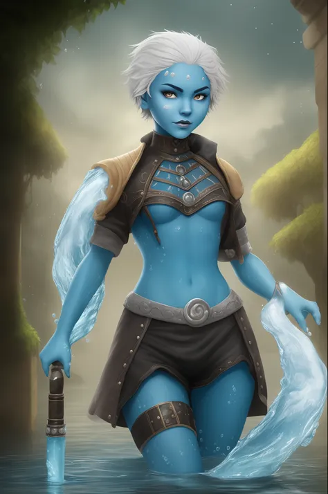 a young elemental of water woman with blue skin and short white hair, she lives in a magitech world and has water elements in the image and wears Victorian England style clothes for rpg