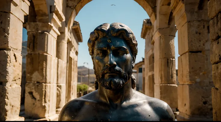 Ancient Stoic Statue With Very Angry Expression, tem barba, muitos detalhes em ambos os olhos, Outside, fundo atenas grego, open sky, com rosto extremamente detalhado full body view, Colors with low saturation with dark tone, Filmado em Sony A7S III com So...