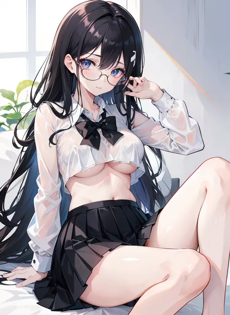 seductive anime girls，Cute, barefaced, wearing black glasses, Skirt, Bra flash, JK school uniform, Beautiful illustration，ssmile、top-quality、highest  quality，Cute girls，Hair between the eyes，Random actions，Random scenes，Black color hair，No bra wearing，The ...