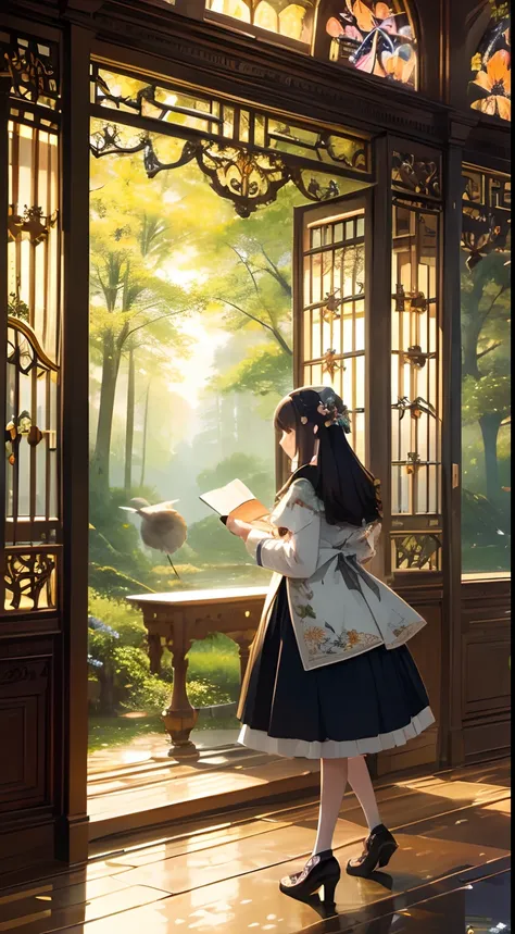 ((Best quality)), ((Masterpiece)), ((Ultra-detailed)), (illustration), (Detailed light),forest library,florals,The bird,Colorful,libraryai