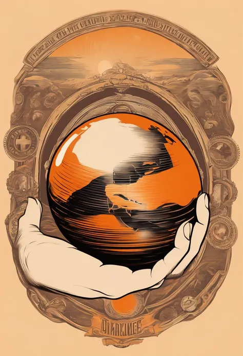 orange hand holding orange planet ,logo in vintage style