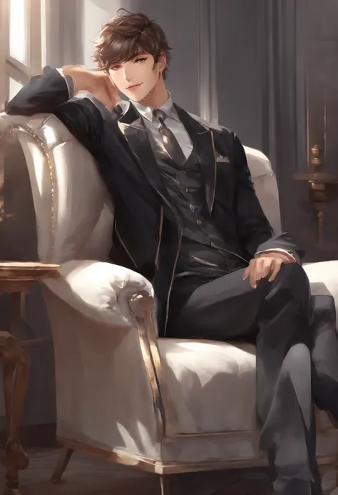 Anime man sitting in a chair in a game, digital anime illustration, Handsome Anime Pose, Smooth Anime CG Art, anime handsome guy, young anime man, With headphones, kawacy, digital anime art, ig studios anime style, High quality anime art style, anime moe a...