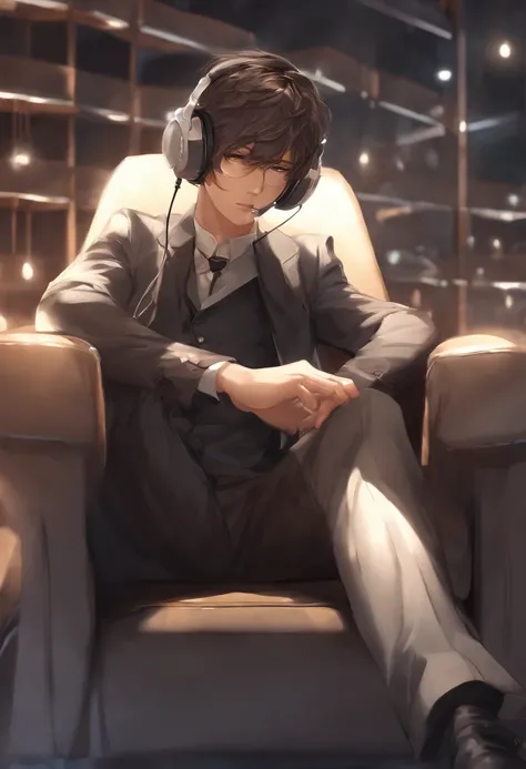 Anime man sitting in a chair in a game, digital anime illustration, Handsome Anime Pose, Smooth Anime CG Art, anime handsome guy, young anime man, With headphones, kawacy, digital anime art, ig studios anime style, High quality anime art style, anime moe a...