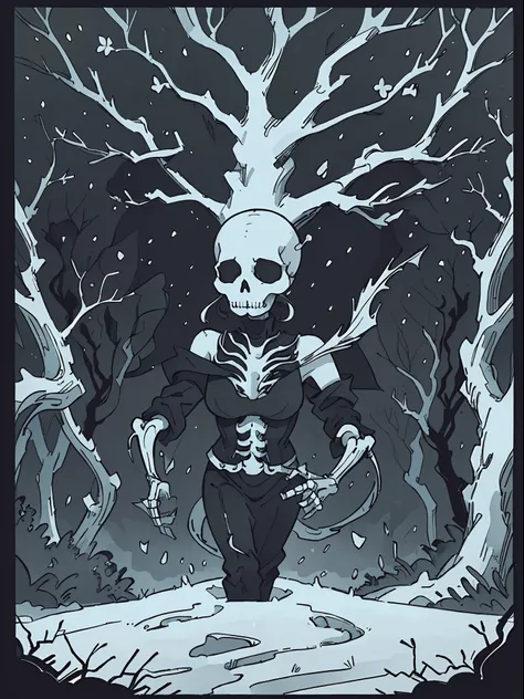 ((Best quality, 8K, Masterpiece: 1.4)),((Amazing detail: 1.3)),((illustration: 1.2)),((high resolution: 1.1)),A tree made up of skeletons,Black and white painting,Black and white illustration,Dark sky,Dark style,Dark fantasy,Horror,Detailed cover artwork,S...