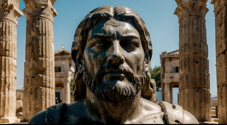 Ancient Stoic Statue With Very Angry Expression, tem barba, muitos detalhes em ambos os olhos, Outside, fundo atenas grego, open sky, com rosto extremamente detalhado full body view, Colors with low saturation with dark tone, Filmado em Sony A7S III com So...