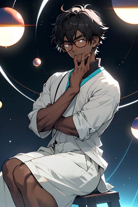 ((1boy)), anime, short dark hair, dark skin, shiny glasses lenses, mouth closed and expressionless, sitting, with her hands holding a glowing orb while two other glowing spheres orbit around her.