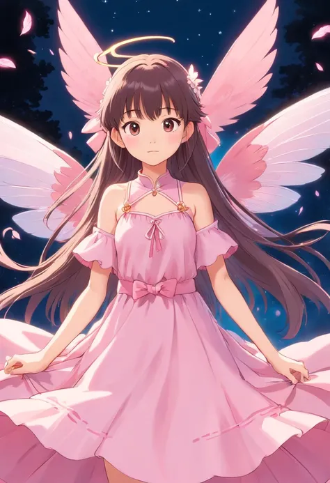 Asian fairy with long, straight hair with bangs, baby pink fairy wings and baby pink dress