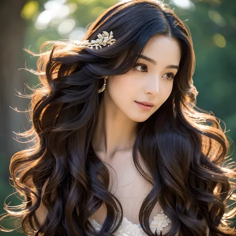 (Best Quality,4K,8K,hight resolution,masutepiece:1.2),Ultra-detailed,(Realistic,Photorealistic,Photorealsitic:1.37),Beautiful wavy black hair,Gracefully falls on the shoulders,Frame her face with gentle grace,Luxurious,Wave-like flow,Elaborate framing,The ...