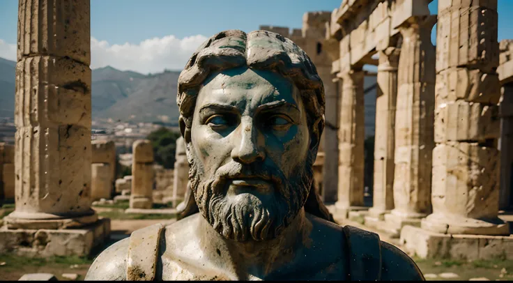 Ancient Stoic Statue With Very Angry Expression, tem barba, muitos detalhes em ambos os olhos, Outside, fundo atenas grego, open sky, com rosto extremamente detalhado full body view, Colors with low saturation with dark tone, Filmado em Sony A7S III com So...