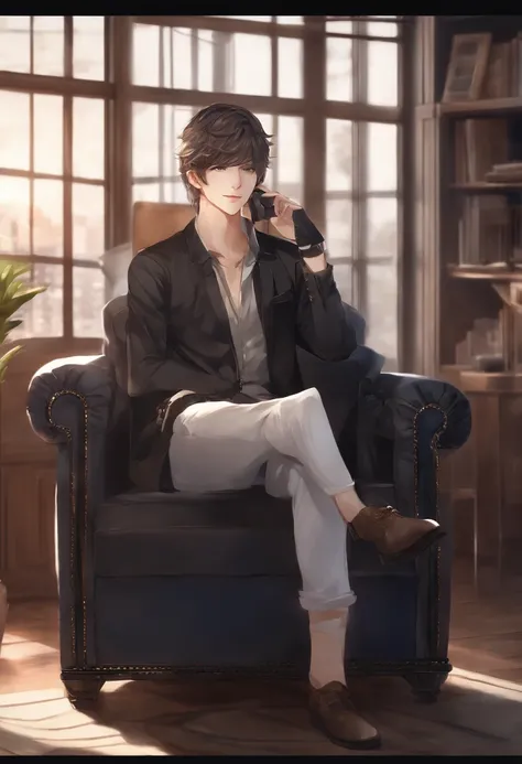 Anime man sitting in a chair in a game, digital anime illustration, Handsome Anime Pose, Smooth Anime CG Art, anime handsome guy, young anime man, With headphones, kawacy, digital anime art, ig studios anime style, High quality anime art style, anime moe a...