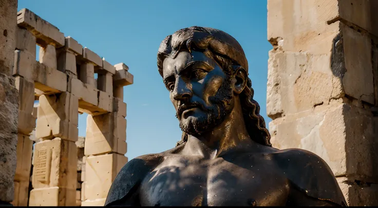 Ancient Stoic Statue With Very Angry Expression, tem barba, muitos detalhes em ambos os olhos, Outside, fundo atenas grego, open sky, com rosto extremamente detalhado full body view, Colors with low saturation with dark tone, Filmado em Sony A7S III com So...