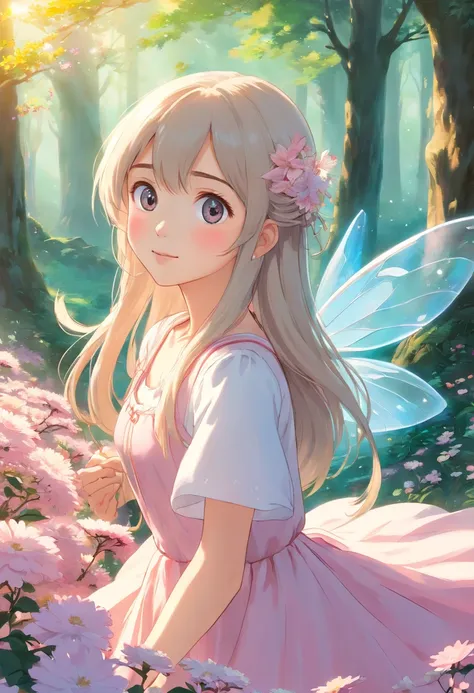 (best quality,4k,8k,highres,masterpiece:1.2),ultra-detailed,realistic,asian fairy,long,straight hair with bangs,beautiful detailed eyes,beautiful detailed lips,baby pink fairy wings,baby pink dress,vivid colors,soft pastel tones,ethereal lighting,enchanted...