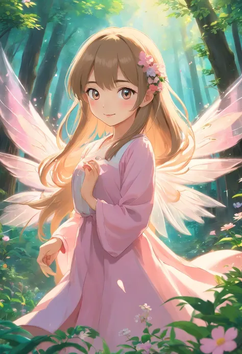 (best quality,4k,8k,highres,masterpiece:1.2),ultra-detailed,realistic,asian fairy,long,straight hair with bangs,beautiful detailed eyes,beautiful detailed lips,baby pink fairy wings,baby pink dress,vivid colors,soft pastel tones,ethereal lighting,enchanted...