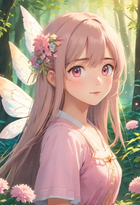 (best quality,4k,8k,highres,masterpiece:1.2),ultra-detailed,realistic,asian fairy,long,straight hair with bangs,beautiful detailed eyes,beautiful detailed lips,baby pink fairy wings,baby pink dress,vivid colors,soft pastel tones,ethereal lighting,enchanted...