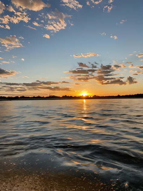 Theres a boat thats coming down the river at sunset, A foto foi tirada de um barco, Foto tirada de um barco, sunset at golden hour, As the sun sets on the horizon, during sunset, sunset in the distance, sol se pondo ao fundo, sunset in the background, duri...