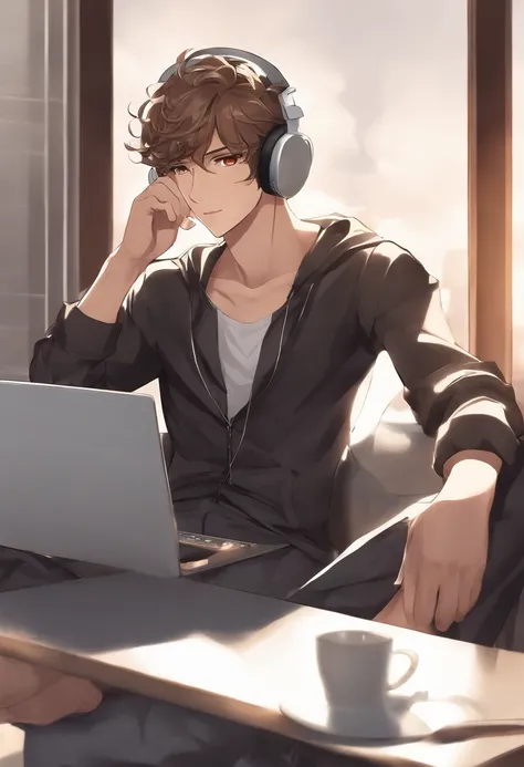 Anime man sitting in a chair with headphones and laptop, digital anime illustration, Handsome Anime Pose, Smooth Anime CG Art, anime handsome guy, young anime man, With headphones, kawacy, digital anime art, ig studios anime style, High quality anime art s...