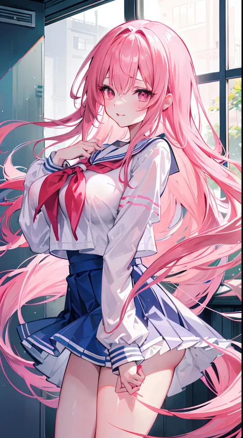 Long pink hair to the waist，dual horsetail，Girl with pink eyes in sailor uniform school uniform，huge tit，Wet look，Be red in the face，is shy，In the classroom，Make a grimace and stick out your tongue，Miss Ghost，Floating in the air