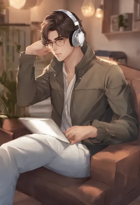 Anime man sitting in a chair with headphones and laptop, digital anime illustration, Handsome Anime Pose, Smooth Anime CG Art, anime handsome guy, young anime man, With headphones, kawacy, digital anime art, ig studios anime style, High quality anime art s...