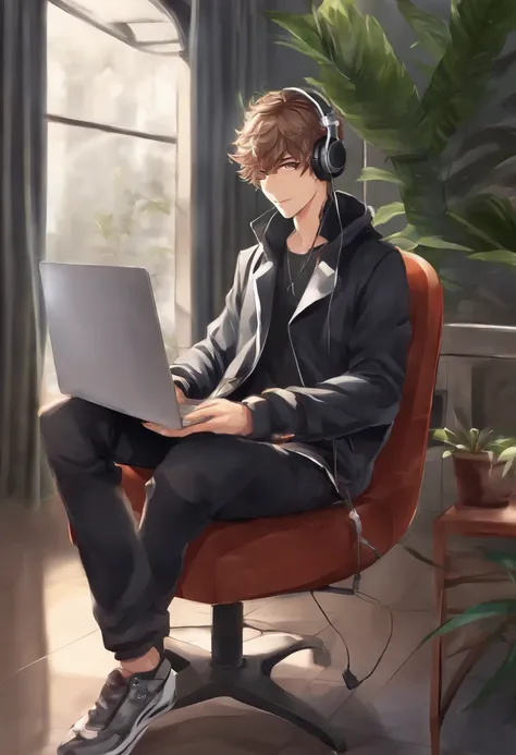 Anime man sitting in a chair with headphones and laptop, digital anime illustration, Handsome Anime Pose, Smooth Anime CG Art, anime handsome guy, young anime man, With headphones, kawacy, digital anime art, ig studios anime style, High quality anime art s...