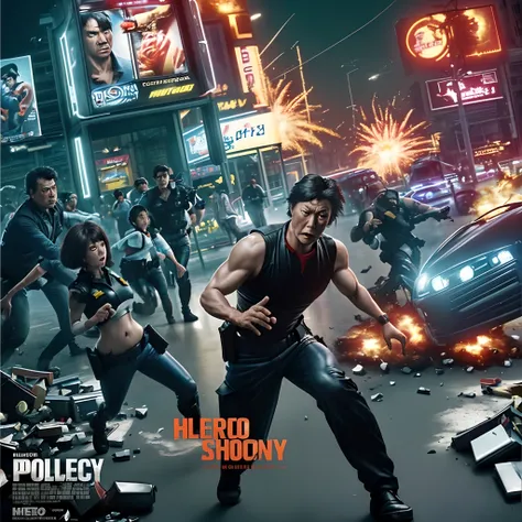 Movie Poster says "Police Story" with a close-up of the battered hero looking on while in the background there is chaos, explosions, police sirens, people running in a Southeast Asian city