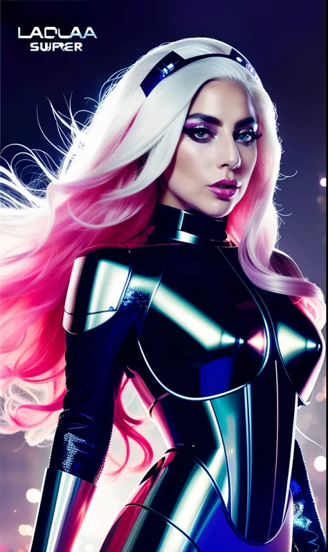 Lady Gaga Super Heroine Robot, 4K texture, long hair, high quality, extravagant hairstyle, original album cover, 8k image, futuristic, high image quality, at night, hair accessories, very realistic and defined face, image quality 1.80, original