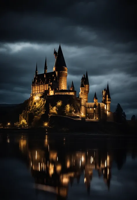 Please create a realistic image with the highest quality, depicting the Harry Potter Castle at night with dramatic clouds in the background.