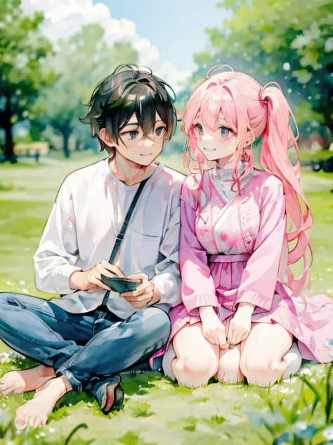 couple, (1man, 1woman), casual cloth, cute couple, happy smile, sitting on grass, romantic atmosphere, having fun, pink, picnic,...