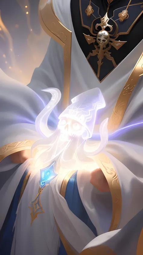 a close up of a squid man in a angelic transparent white gold robe with a skull in his hand, epic celestial mage, beautiful character painting, full body xianxia, portrait knights of zodiac girl, by Yang J, g liulian art style, fantasy art style, foreshort...