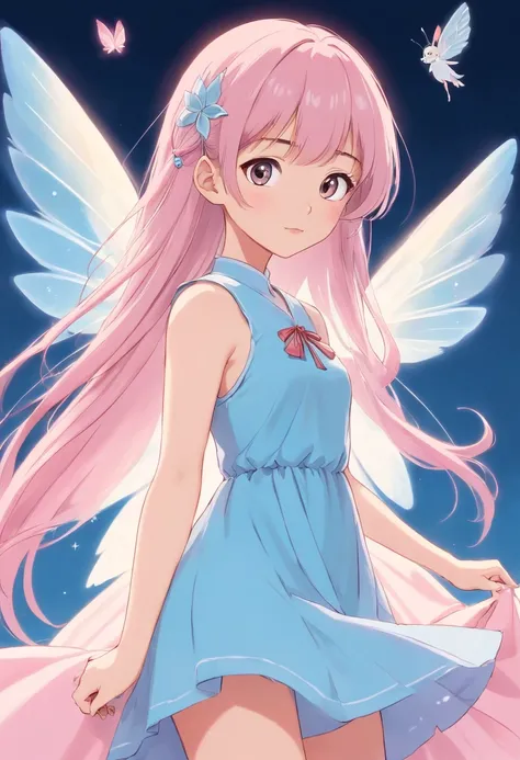 Asian fairy with long, straight hair with bangs, baby pink fairy wings and baby blue dress, blank background